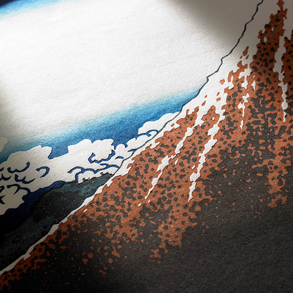 Ukiyoe, woodblock prints, Rain Below the Mountain from the series Thirty-Six Views of Mt. Fuji by Katsushika Hokusai, with frame