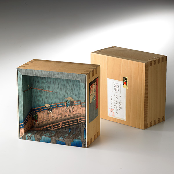 Ukiyoe by Hiroshige Utagawa, masu (wooden frame for measuring sake), Sudden Shower over Shin-Ohashi Bridge and Atake from the series One Hundred Famous Views of Edo