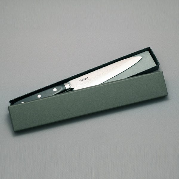 Damascus Petty Knife 13.5cm- with brim, Super Gold 2, total length 24.5cm, kitchen knife, Ubukeya, gift, souvenir