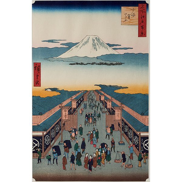 Ukiyoe, woodblock prints, Suruga-cho from the series One Hundred Famous Views of Edo by Hiroshige Utagawa, with frame