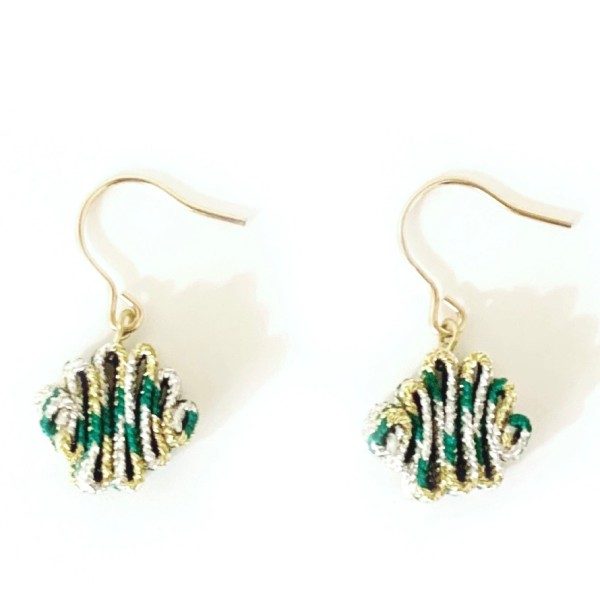 DOMYO Silk KUMIHIMO Earrings – Korai-gumi Zigzag – Gold, Silver & Green