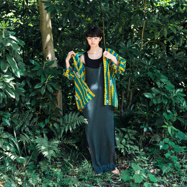 AYU FROM (green) — Chinese stripe pattern, Tewsen shirt, wazarashi material, traditional loose-fitting style, unisex