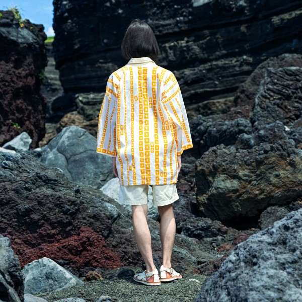 AYU FROM (yellow) — Chinese stripe pattern, Tewsen shirt, wazarashi material, traditional loose-fitting style, unisex	