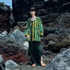 AYU FROM (green) — Chinese stripe pattern, Tewsen shirt, wazarashi material, traditional loose-fitting style, unisex
